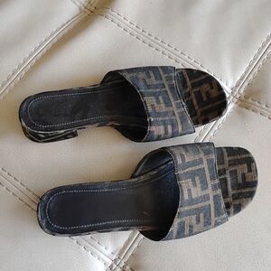 Fendi Monogram Slide Sandals in Black and Brown